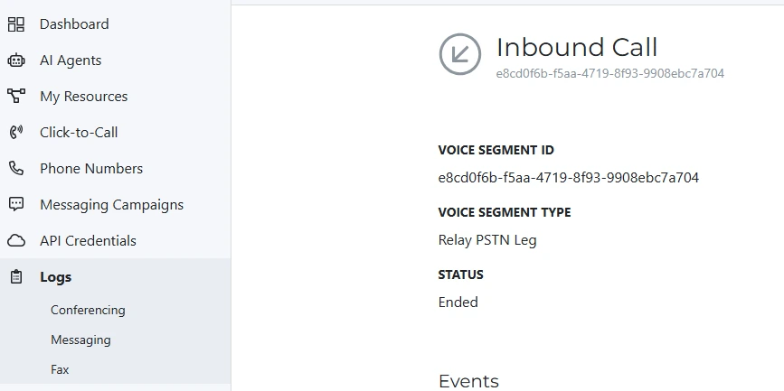 SignalWire call log entry showing Voice Segment ID field.